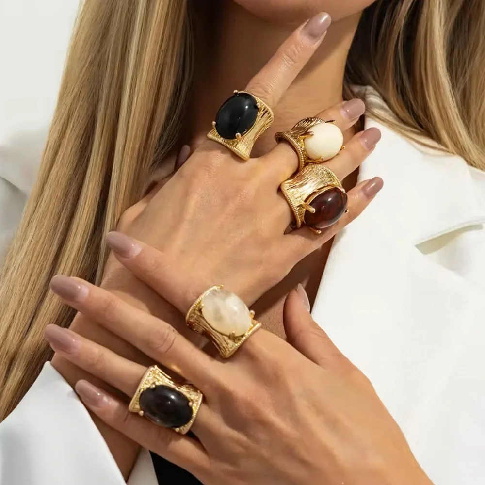 Gold Statement Rings with Black, White and Brown Gemstones - Women Jewelry